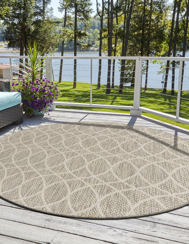 Light Gray 10' x 10' Outdoor Trellis Round Area Rug Weather Resistant for Patio, Deck, Terrace, Balcony, Porch Geometric Design Water Safe Outside Carpet for Sale at Rug Engine