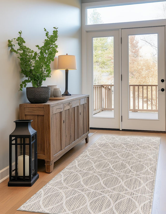 Light Gray 2' 7 x 10' Outdoor Trellis Runner Area Rug Weather Resistant for Patio, Deck, Terrace, Balcony, Porch Geometric Design Water Safe Outside Carpet for Sale at Rug Engine