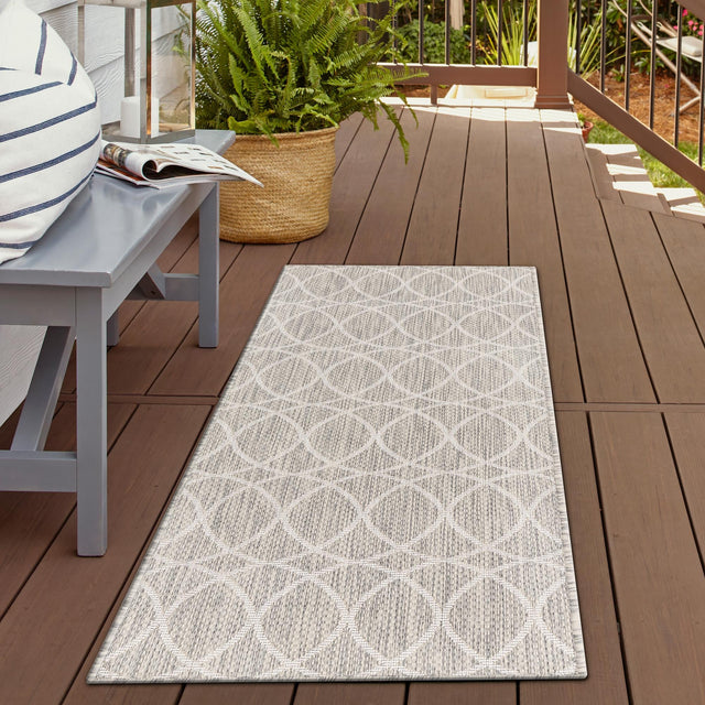Light Gray 2' x 8' Outdoor Trellis Runner Area Rug Weather Resistant for Patio, Deck, Terrace, Balcony, Porch Geometric Design Water Safe Outside Carpet for Sale at Rug Engine