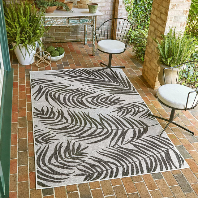 Charcoal Ivory 7' 1 x 10' Outdoor Botanical Rectangle Area Rug Weather Resistant for Patio, Deck, Terrace, Balcony, Porch Polypropylene Garden Floral Tropical Carpet for Sale at Rug Engine