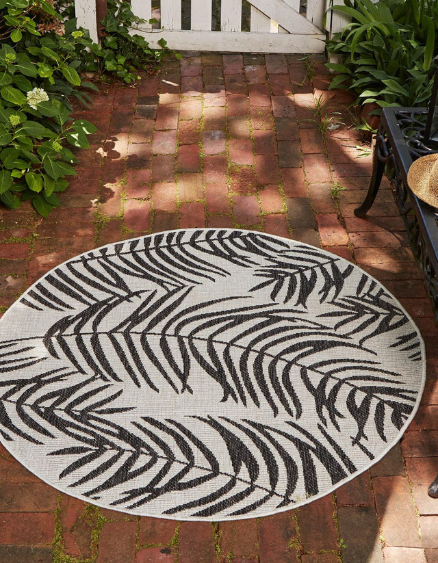 Charcoal Ivory 4' 1 x 4' 1 Outdoor Botanical Round Area Rug Weather Resistant for Patio, Deck, Terrace, Balcony, Porch Polypropylene Garden Floral Tropical Carpet for Sale at Rug Engine