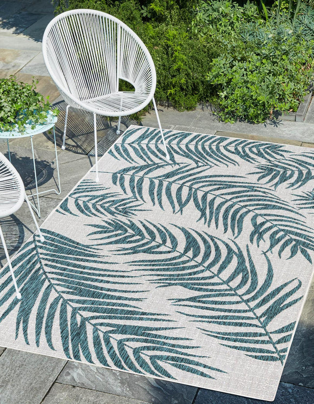 Teal Ivory 6' 1 x 9' Outdoor Botanical Rectangle Area Rug Weather Resistant for Patio, Deck, Terrace, Balcony, Porch Polypropylene Garden Floral Tropical Carpet for Sale at Rug Engine