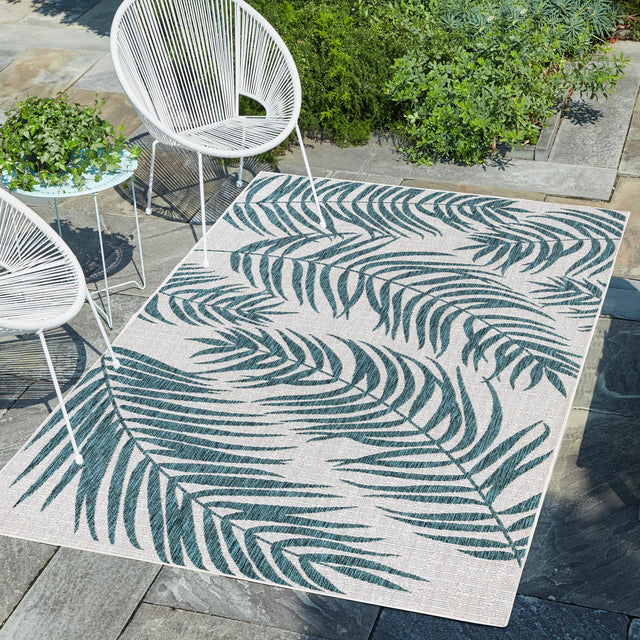 Teal Ivory 7' 10 x 11' Outdoor Botanical Rectangle Area Rug Weather Resistant for Patio, Deck, Terrace, Balcony, Porch Polypropylene Garden Floral Tropical Carpet for Sale at Rug Engine