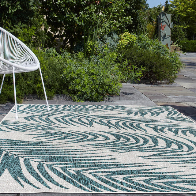 Teal Ivory 5' 3 x 8' Outdoor Botanical Rectangle Area Rug Weather Resistant for Patio, Deck, Terrace, Balcony, Porch Polypropylene Garden Floral Tropical Carpet for Sale at Rug Engine