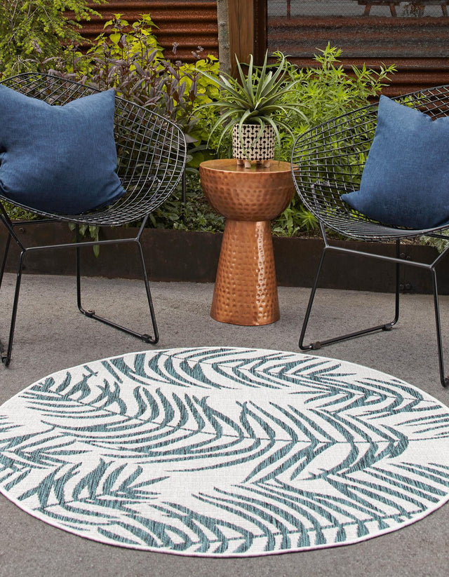 Teal Ivory 4' 1 x 4' 1 Outdoor Botanical Round Area Rug Weather Resistant for Patio, Deck, Terrace, Balcony, Porch Polypropylene Garden Floral Tropical Carpet for Sale at Rug Engine