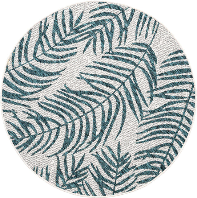 Teal Ivory 4' 1 x 4' 1 Outdoor Botanical Round Area Rug Weather Resistant for Patio, Deck, Terrace, Balcony, Porch Polypropylene Garden Floral Tropical Carpet for Sale at Rug Engine