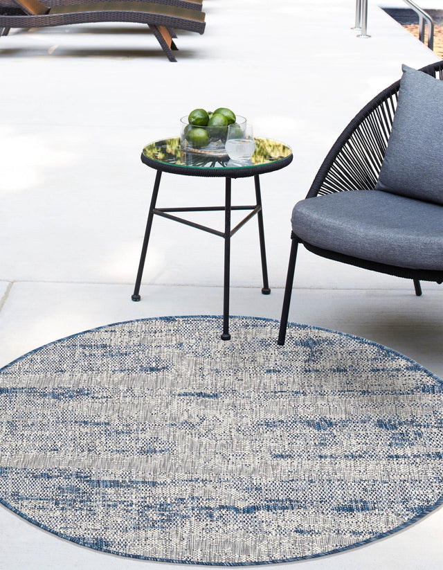 Blue 4' 1 x 4' 1 Outdoor Modern Round Area Rug Weather Resistant for Patio, Deck, Terrace, Balcony, Porch 100% Polypropylene Modern Outside Carpet for Sale at Rug Engine