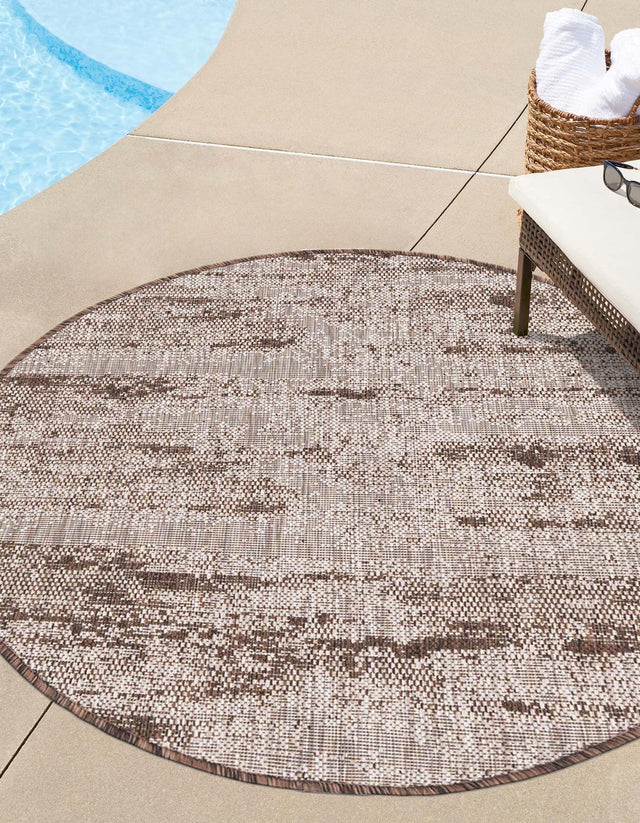 Brown 3' 1 x 3' 1 Outdoor Modern Round Area Rug Weather Resistant for Patio, Deck, Terrace, Balcony, Porch 100% Polypropylene Modern Outside Carpet for Sale at Rug Engine