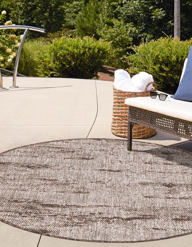 Brown 4' 1 x 4' 1 Outdoor Modern Round Area Rug Weather Resistant for Patio, Deck, Terrace, Balcony, Porch 100% Polypropylene Modern Outside Carpet for Sale at Rug Engine