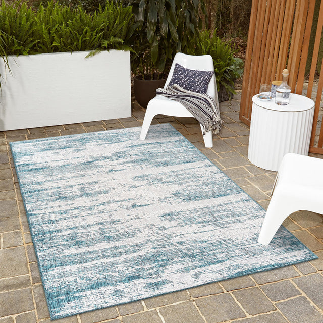 Teal 7' 10 x 11' Outdoor Modern Rectangle Area Rug Weather Resistant for Patio, Deck, Terrace, Balcony, Porch 100% Polypropylene Modern Outside Carpet for Sale at Rug Engine