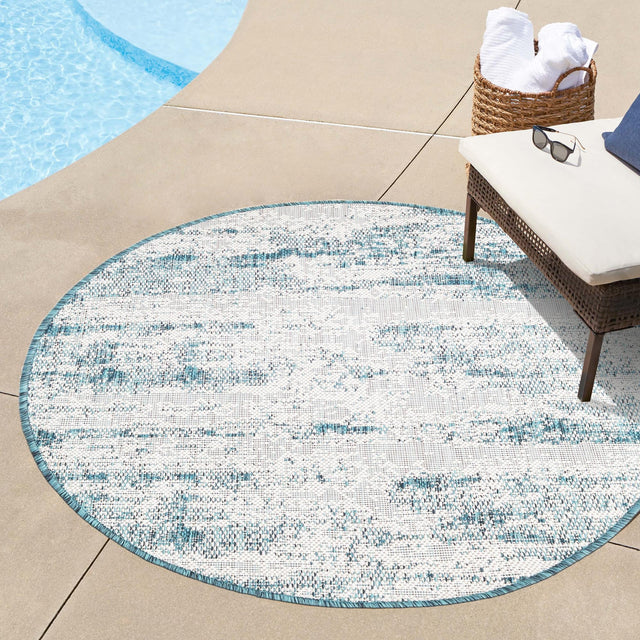 Teal 3' 1 x 3' 1 Outdoor Modern Round Area Rug Weather Resistant for Patio, Deck, Terrace, Balcony, Porch 100% Polypropylene Modern Outside Carpet for Sale at Rug Engine
