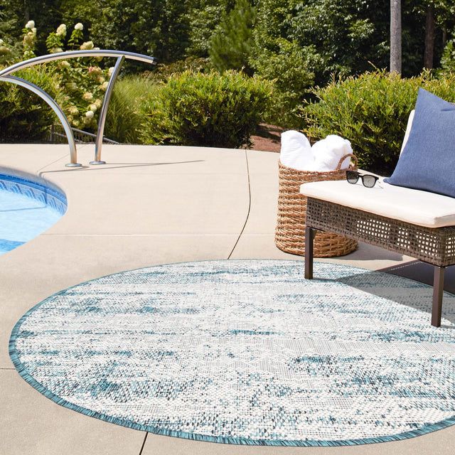 Teal 10' x 10' Outdoor Modern Round Area Rug Weather Resistant for Patio, Deck, Terrace, Balcony, Porch 100% Polypropylene Modern Outside Carpet for Sale at Rug Engine