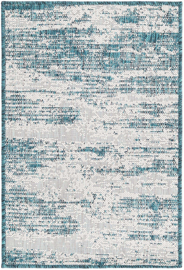 Teal 2' x 3' 1 Outdoor Modern Rectangle Area Rug Weather Resistant for Patio, Deck, Terrace, Balcony, Porch 100% Polypropylene Modern Outside Carpet for Sale at Rug Engine