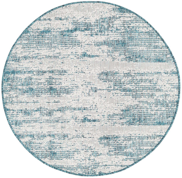 Teal 4' 1 x 4' 1 Outdoor Modern Round Area Rug Weather Resistant for Patio, Deck, Terrace, Balcony, Porch 100% Polypropylene Modern Outside Carpet for Sale at Rug Engine