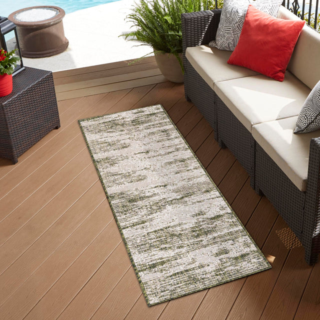 Green 2' x 6' 1 Outdoor Modern Runner Area Rug Weather Resistant for Patio, Deck, Terrace, Balcony, Porch 100% Polypropylene Modern Outside Carpet for Sale at Rug Engine