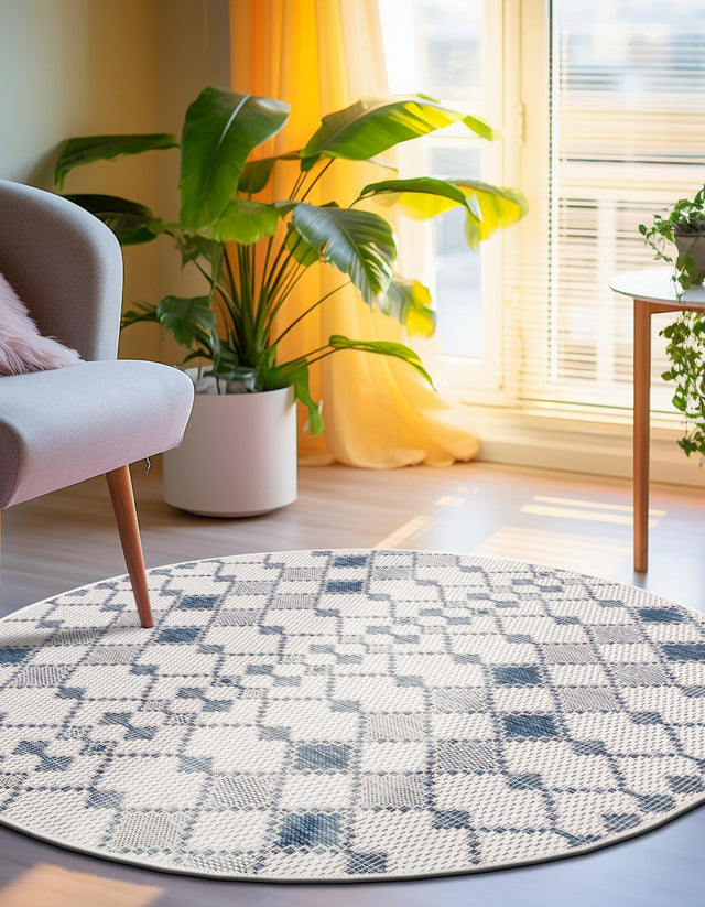 Ivory 4' 1 x 4' 1 Outdoor Trellis Round Area Rug Weather Resistant for Patio, Deck, Terrace, Balcony, Porch Geometric Design Water Safe Outside Carpet for Sale at Rug Engine