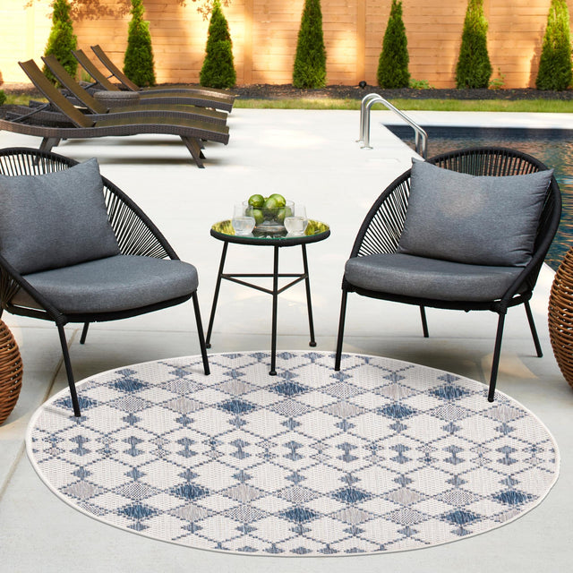 Ivory 4' 1 x 4' 1 Outdoor Trellis Round Area Rug Weather Resistant for Patio, Deck, Terrace, Balcony, Porch Geometric Design Water Safe Outside Carpet for Sale at Rug Engine
