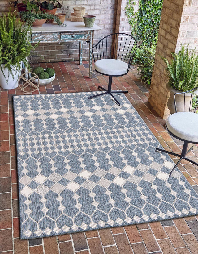 Blue 5' 3 x 8' Outdoor Trellis Rectangle Area Rug Weather Resistant for Patio, Deck, Terrace, Balcony, Porch Geometric Design Water Safe Outside Carpet for Sale at Rug Engine