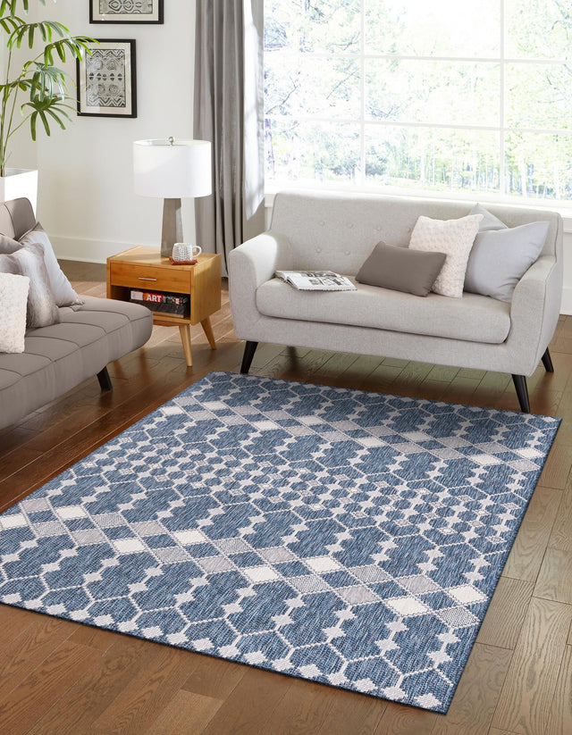 Blue 9' x 12' Outdoor Trellis Rectangle Area Rug Weather Resistant for Patio, Deck, Terrace, Balcony, Porch Geometric Design Water Safe Outside Carpet for Sale at Rug Engine