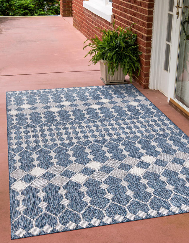 Blue 9' x 12' Outdoor Trellis Rectangle Area Rug Weather Resistant for Patio, Deck, Terrace, Balcony, Porch Geometric Design Water Safe Outside Carpet for Sale at Rug Engine