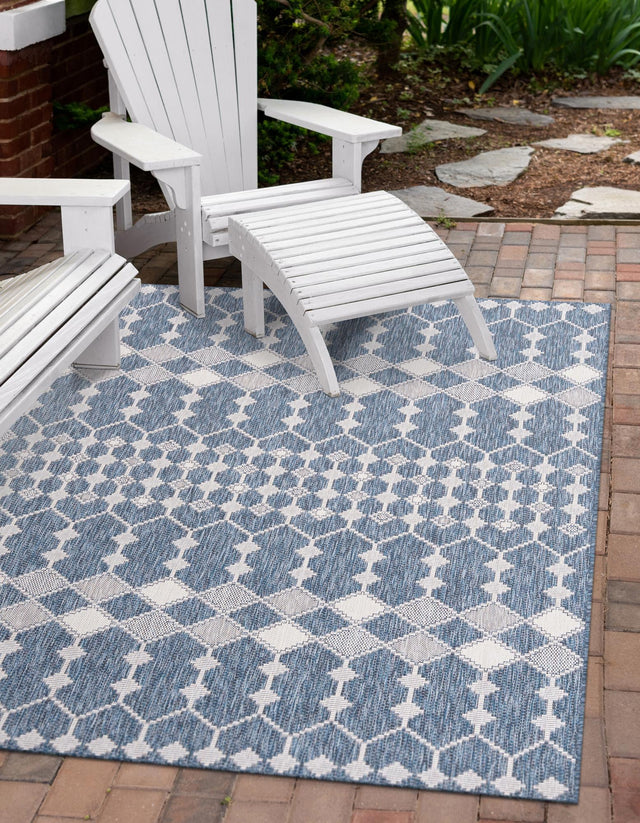 Blue 7' 10 x 11' Outdoor Trellis Rectangle Area Rug Weather Resistant for Patio, Deck, Terrace, Balcony, Porch Geometric Design Water Safe Outside Carpet for Sale at Rug Engine