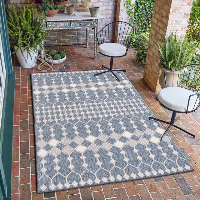 Blue 2' x 3' 1 Outdoor Trellis Rectangle Area Rug Weather Resistant for Patio, Deck, Terrace, Balcony, Porch Geometric Design Water Safe Outside Carpet for Sale at Rug Engine