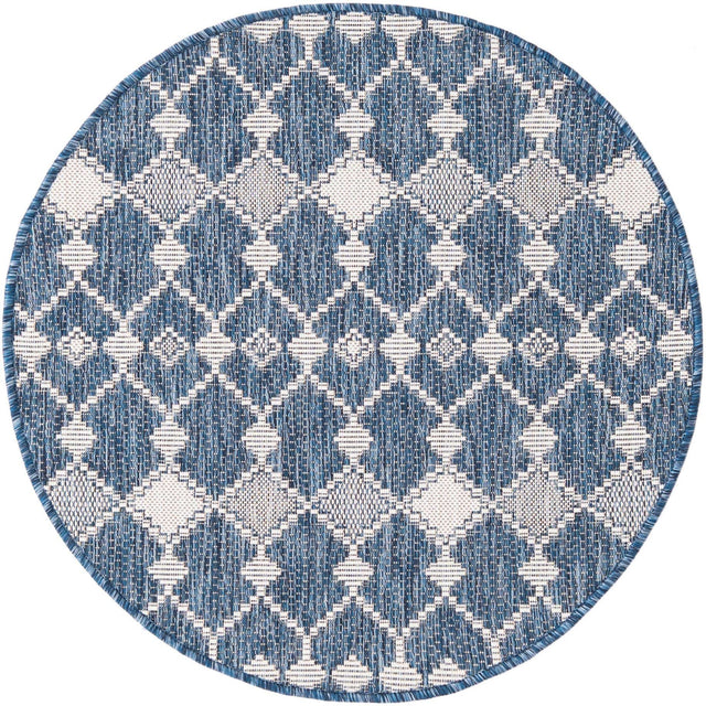 Blue 3' 1 x 3' 1 Outdoor Trellis Round Area Rug Weather Resistant for Patio, Deck, Terrace, Balcony, Porch Geometric Design Water Safe Outside Carpet for Sale at Rug Engine