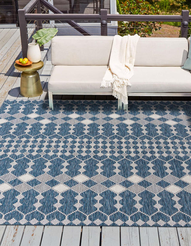 Blue 10' x 10' Outdoor Trellis Square Area Rug Weather Resistant for Patio, Deck, Terrace, Balcony, Porch Geometric Design Water Safe Outside Carpet for Sale at Rug Engine