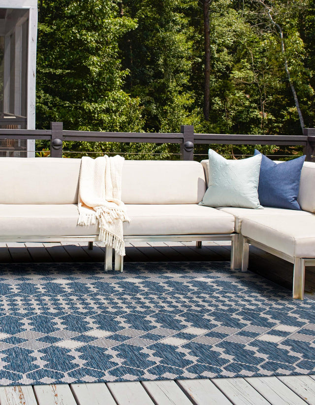 Blue 10' x 10' Outdoor Trellis Square Area Rug Weather Resistant for Patio, Deck, Terrace, Balcony, Porch Geometric Design Water Safe Outside Carpet for Sale at Rug Engine