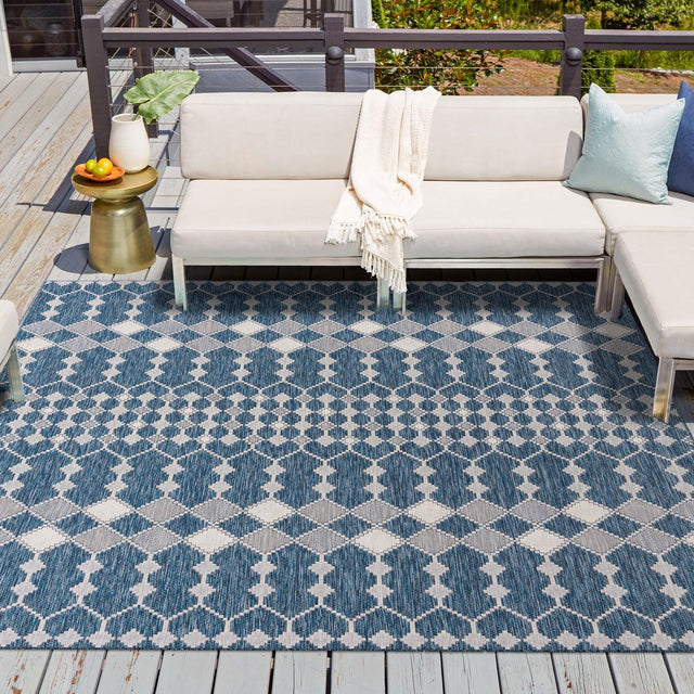 Blue 10' x 10' Outdoor Trellis Square Area Rug Weather Resistant for Patio, Deck, Terrace, Balcony, Porch Geometric Design Water Safe Outside Carpet for Sale at Rug Engine