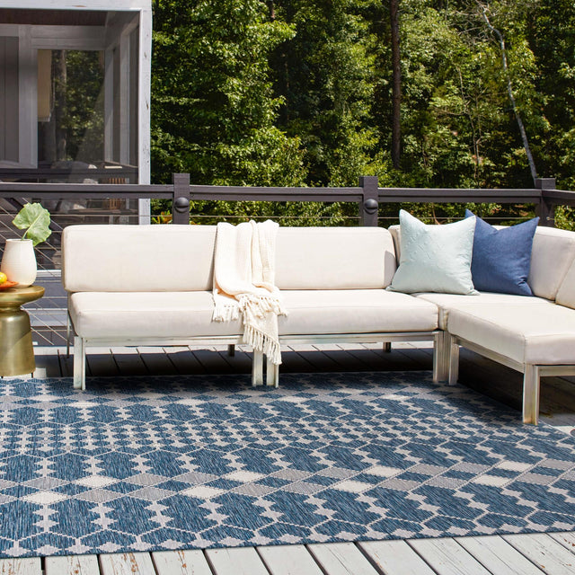Blue 10' x 10' Outdoor Trellis Square Area Rug Weather Resistant for Patio, Deck, Terrace, Balcony, Porch Geometric Design Water Safe Outside Carpet for Sale at Rug Engine