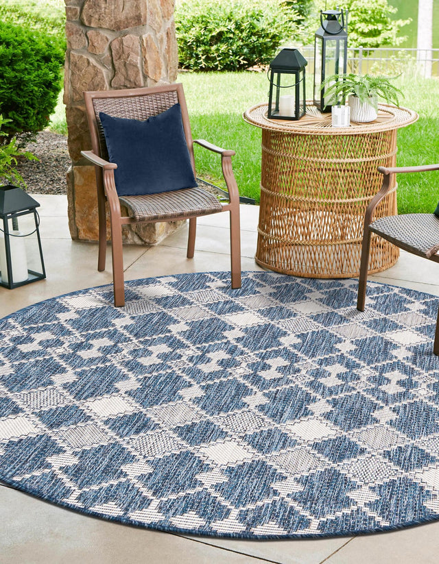 Blue 3' 1 x 3' 1 Outdoor Trellis Round Area Rug Weather Resistant for Patio, Deck, Terrace, Balcony, Porch Geometric Design Water Safe Outside Carpet for Sale at Rug Engine
