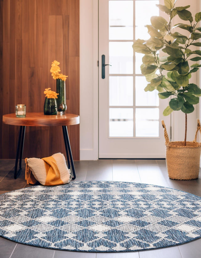 Blue 3' 1 x 3' 1 Outdoor Trellis Round Area Rug Weather Resistant for Patio, Deck, Terrace, Balcony, Porch Geometric Design Water Safe Outside Carpet for Sale at Rug Engine
