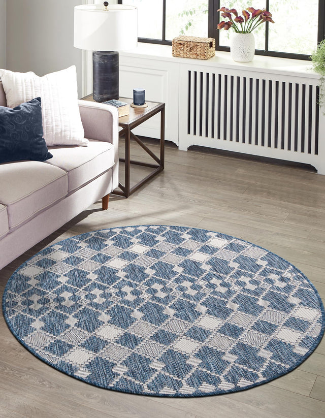 Blue 4' 1 x 4' 1 Outdoor Trellis Round Area Rug Weather Resistant for Patio, Deck, Terrace, Balcony, Porch Geometric Design Water Safe Outside Carpet for Sale at Rug Engine