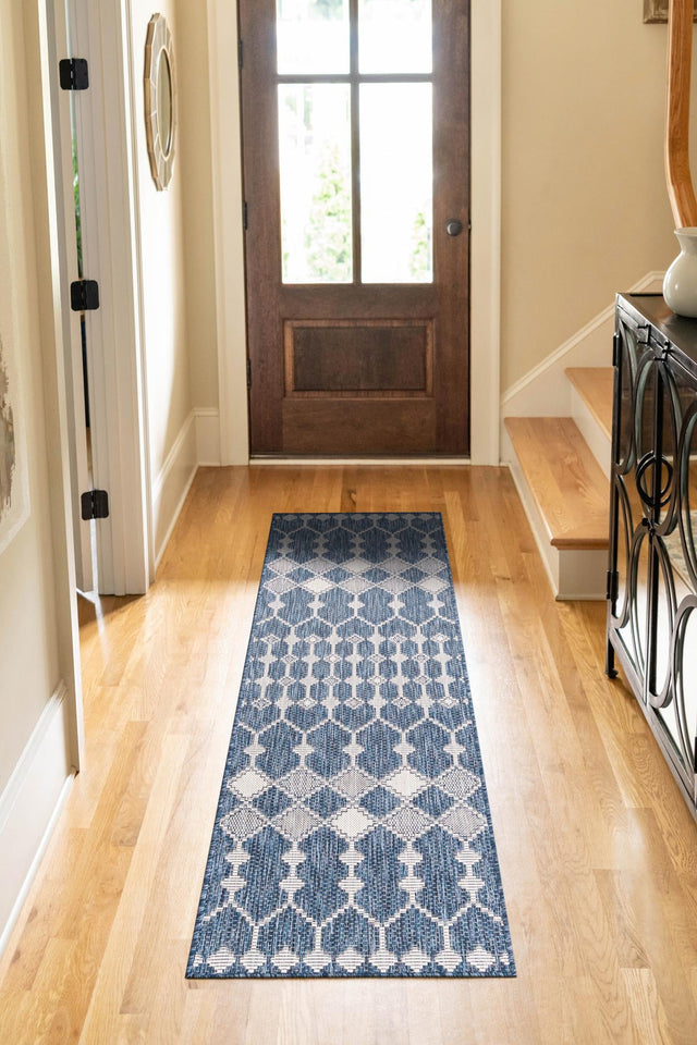 Blue 2' 7 x 10' Outdoor Trellis Runner Area Rug Weather Resistant for Patio, Deck, Terrace, Balcony, Porch Geometric Design Water Safe Outside Carpet for Sale at Rug Engine
