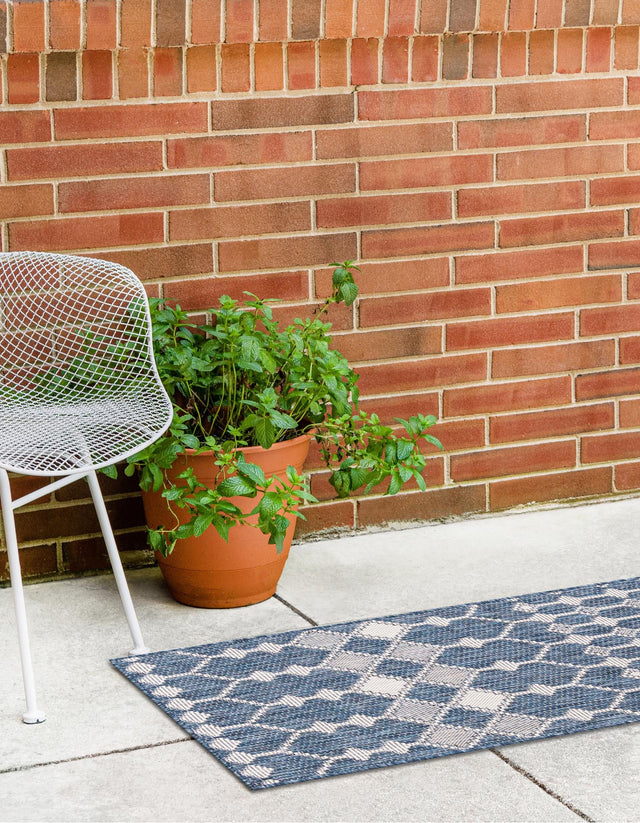 Blue 2' x 6' 1 Outdoor Trellis Runner Area Rug Weather Resistant for Patio, Deck, Terrace, Balcony, Porch Geometric Design Water Safe Outside Carpet for Sale at Rug Engine