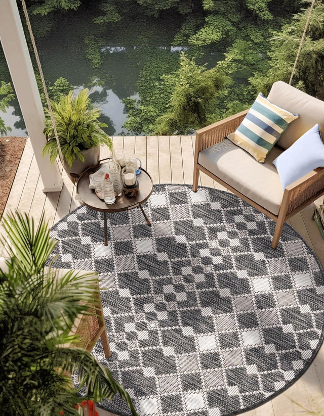 Charcoal 4' 1 x 4' 1 Outdoor Trellis Round Area Rug Weather Resistant for Patio, Deck, Terrace, Balcony, Porch Geometric Design Water Safe Outside Carpet for Sale at Rug Engine