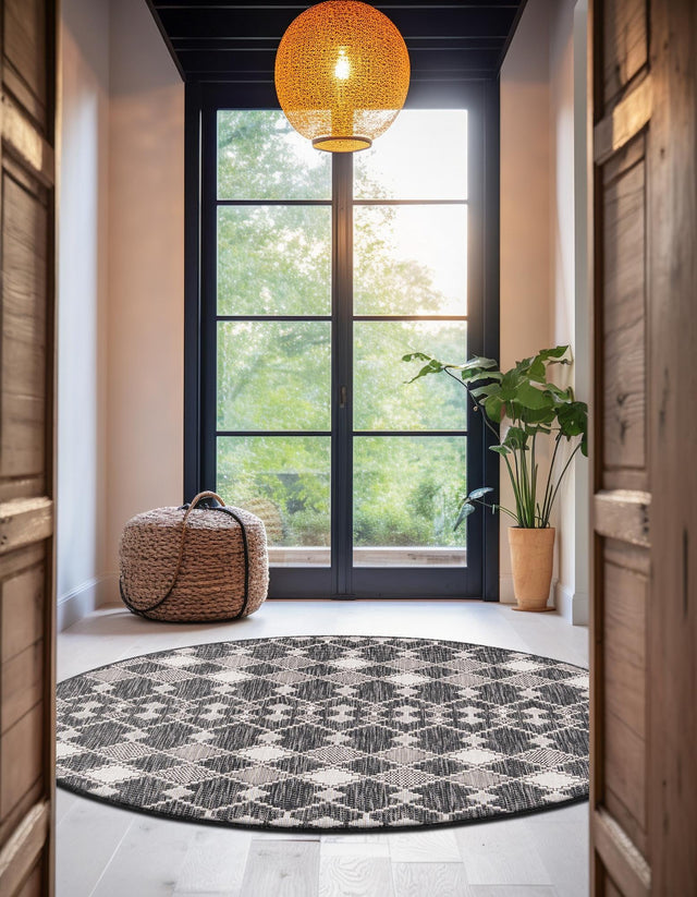 Charcoal 4' 1 x 4' 1 Outdoor Trellis Round Area Rug Weather Resistant for Patio, Deck, Terrace, Balcony, Porch Geometric Design Water Safe Outside Carpet for Sale at Rug Engine