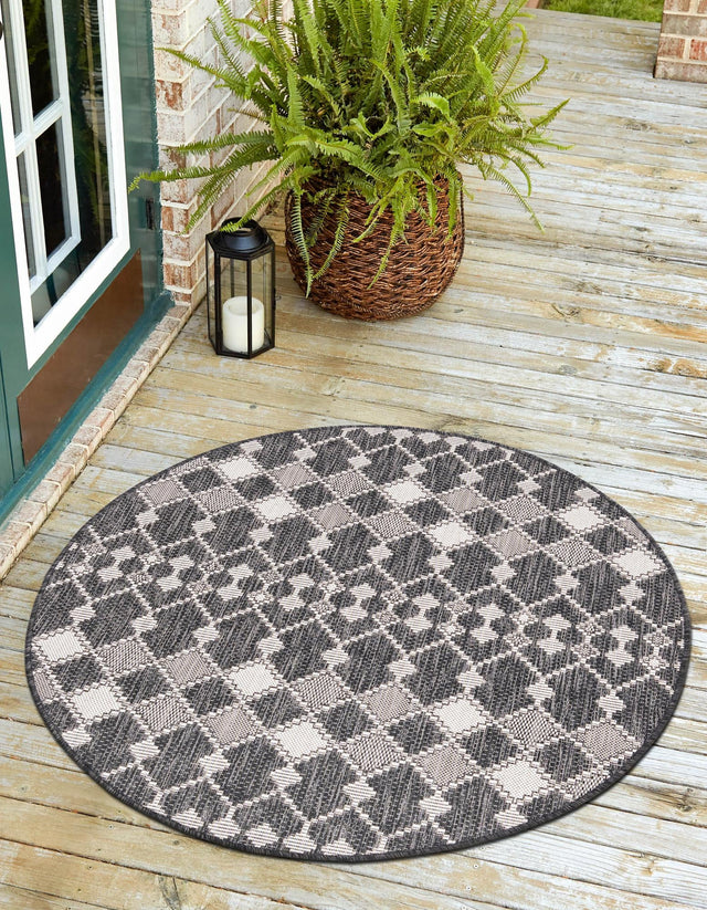 Charcoal 4' 1 x 4' 1 Outdoor Trellis Round Area Rug Weather Resistant for Patio, Deck, Terrace, Balcony, Porch Geometric Design Water Safe Outside Carpet for Sale at Rug Engine