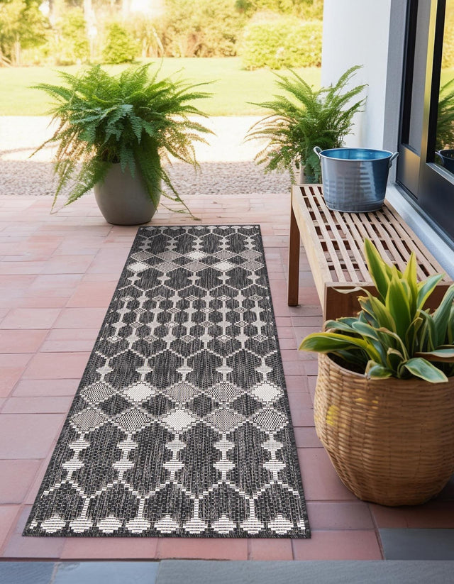 Charcoal 2' x 6' 1 Outdoor Trellis Runner Area Rug Weather Resistant for Patio, Deck, Terrace, Balcony, Porch Geometric Design Water Safe Outside Carpet for Sale at Rug Engine