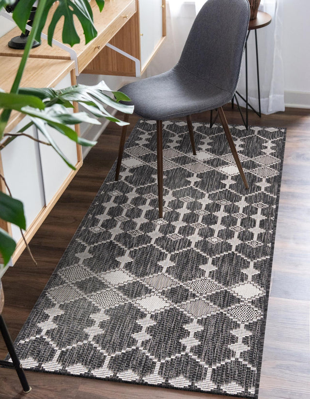 Charcoal 2' x 6' 1 Outdoor Trellis Runner Area Rug Weather Resistant for Patio, Deck, Terrace, Balcony, Porch Geometric Design Water Safe Outside Carpet for Sale at Rug Engine