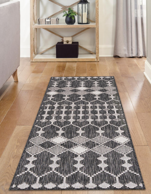 Charcoal 2' x 6' 1 Outdoor Trellis Runner Area Rug Weather Resistant for Patio, Deck, Terrace, Balcony, Porch Geometric Design Water Safe Outside Carpet for Sale at Rug Engine
