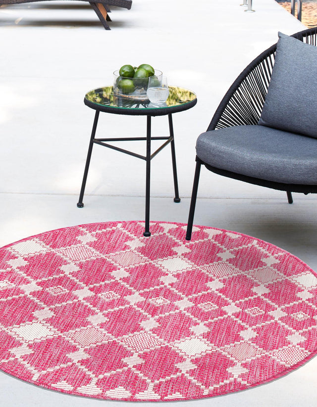Magenta 10' x 10' Outdoor Trellis Round Area Rug Weather Resistant for Patio, Deck, Terrace, Balcony, Porch Geometric Design Water Safe Outside Carpet for Sale at Rug Engine