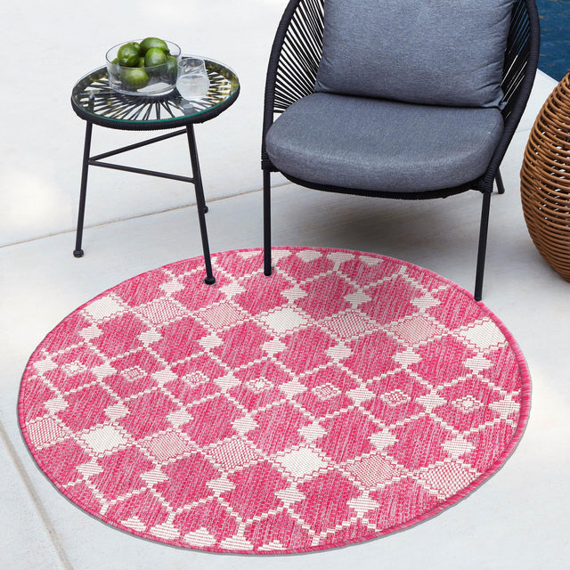 Magenta 4' 1 x 4' 1 Outdoor Trellis Round Area Rug Weather Resistant for Patio, Deck, Terrace, Balcony, Porch Geometric Design Water Safe Outside Carpet for Sale at Rug Engine