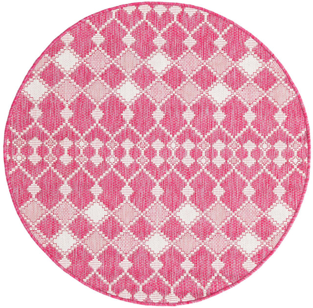 Magenta 4' 1 x 4' 1 Outdoor Trellis Round Area Rug Weather Resistant for Patio, Deck, Terrace, Balcony, Porch Geometric Design Water Safe Outside Carpet for Sale at Rug Engine