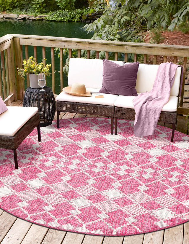 Magenta 3' 1 x 3' 1 Outdoor Trellis Round Area Rug Weather Resistant for Patio, Deck, Terrace, Balcony, Porch Geometric Design Water Safe Outside Carpet for Sale at Rug Engine
