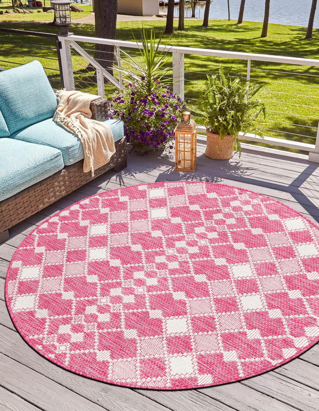 Magenta 10' x 10' Outdoor Trellis Round Area Rug Weather Resistant for Patio, Deck, Terrace, Balcony, Porch Geometric Design Water Safe Outside Carpet for Sale at Rug Engine