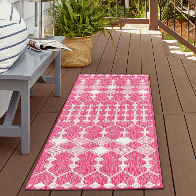 Magenta 2' 7 x 10' Outdoor Trellis Runner Area Rug Weather Resistant for Patio, Deck, Terrace, Balcony, Porch Geometric Design Water Safe Outside Carpet for Sale at Rug Engine
