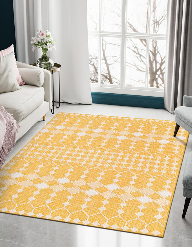 Yellow 5' 3 x 8' Outdoor Trellis Rectangle Area Rug Weather Resistant for Patio, Deck, Terrace, Balcony, Porch Geometric Design Water Safe Outside Carpet for Sale at Rug Engine