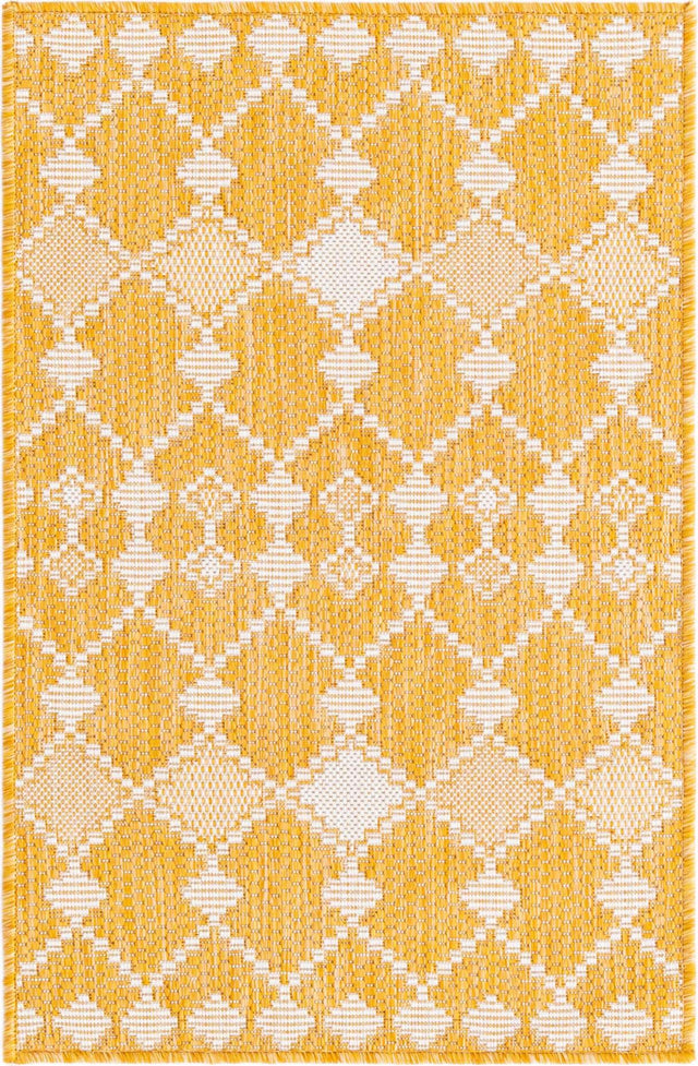 Yellow 2' x 3' 1 Outdoor Trellis Rectangle Area Rug Weather Resistant for Patio, Deck, Terrace, Balcony, Porch Geometric Design Water Safe Outside Carpet for Sale at Rug Engine